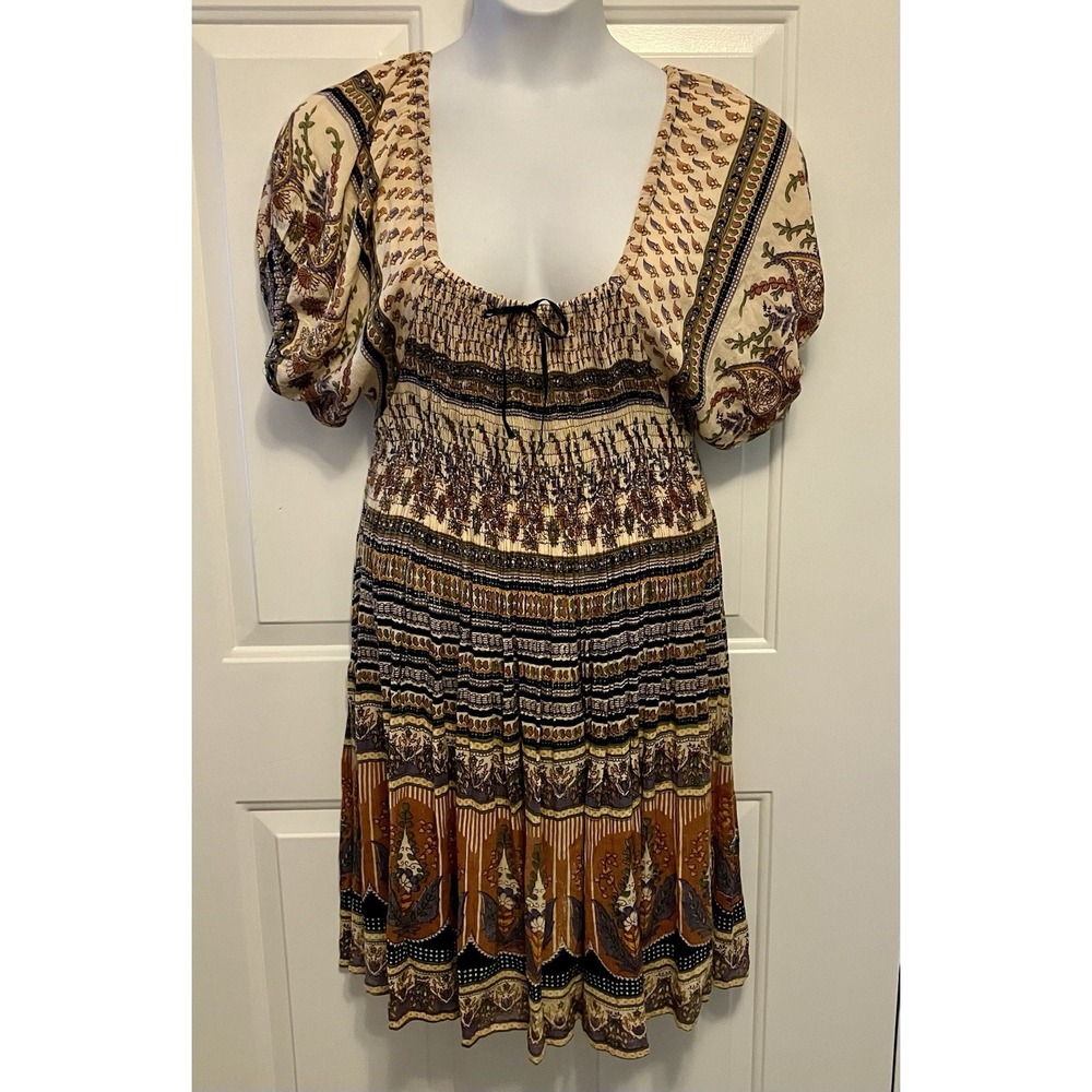 Gypsy Rose Sz Medium Hippie Brown India Ruffle Smocked Boho Dress‎ Women's